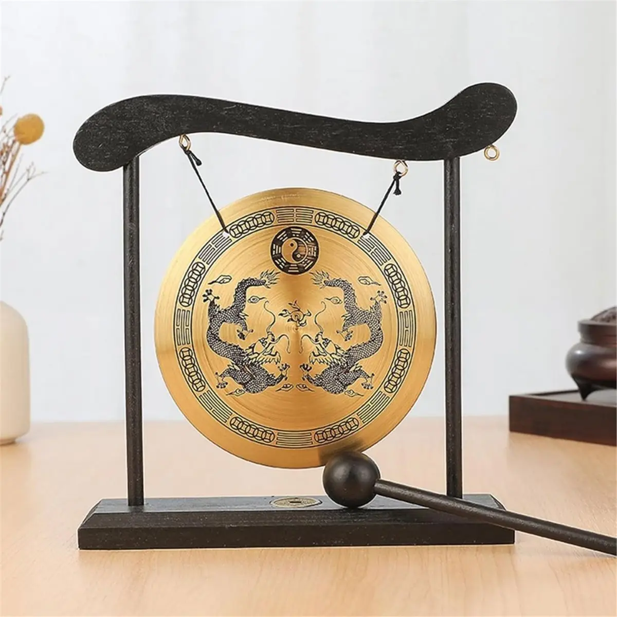 Multi-use Gear Desktop Gong Instrument, 4.7 Inch Wind Chime Gong with Stand & Beater Feng Shui Home Decor Housewarming Gift