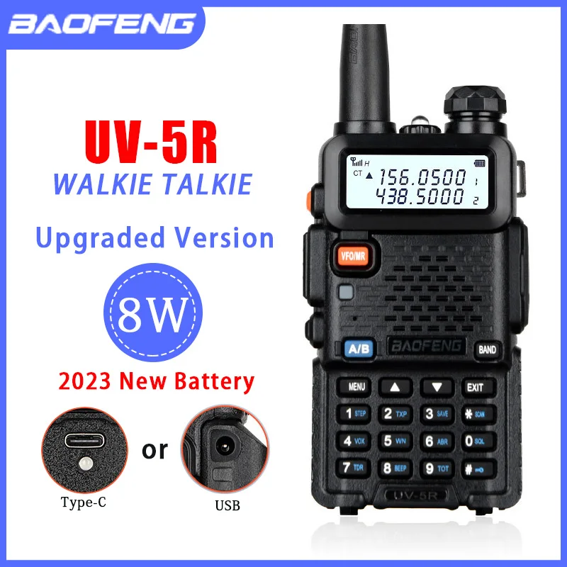 Baofeng-walkie-talkie uv 5r, Radio bidireccional, versión mejorada, soporte de largo alcance, Cargador USB tipo C, 2600mAh, 8W