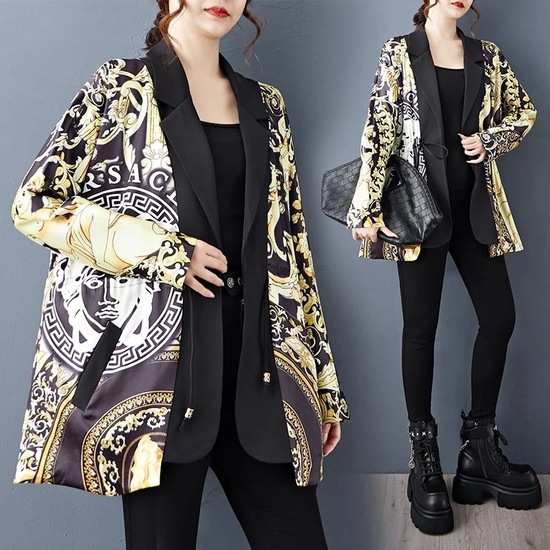Fashion Korean Edition Satin Printed Splicing Blazer Jacket Autumn Fashion Versatile Loose Large Size Chinese Style Coat W603