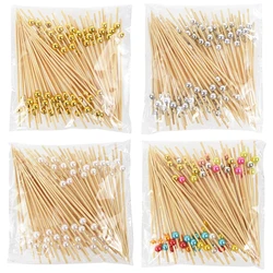 100Pcs 12cm Beads Food Fruit Bamboo Sticks Dessert Buffet Toothpicks For Wedding Birthday Party Cocktail Forks Cupcake Toppers