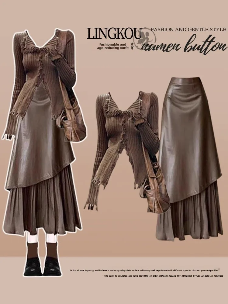 

plus Size Spring Vintage Set Women's Design Sense Asymmetrical Slim Knitted Top High Waist Slimming Half Skirt Two Piece Set