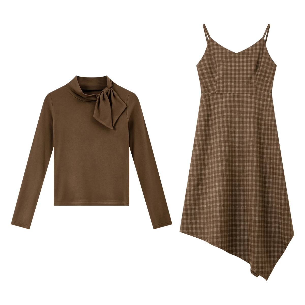 VINLY Eleganckie damskie komplety sukienkowo-garniturowe 2025 Zima Bluzki bazowe z kokardą Asymetryczny dół Sukienka na szelkach w kratę Damski zestaw dwuczęściowy 30519