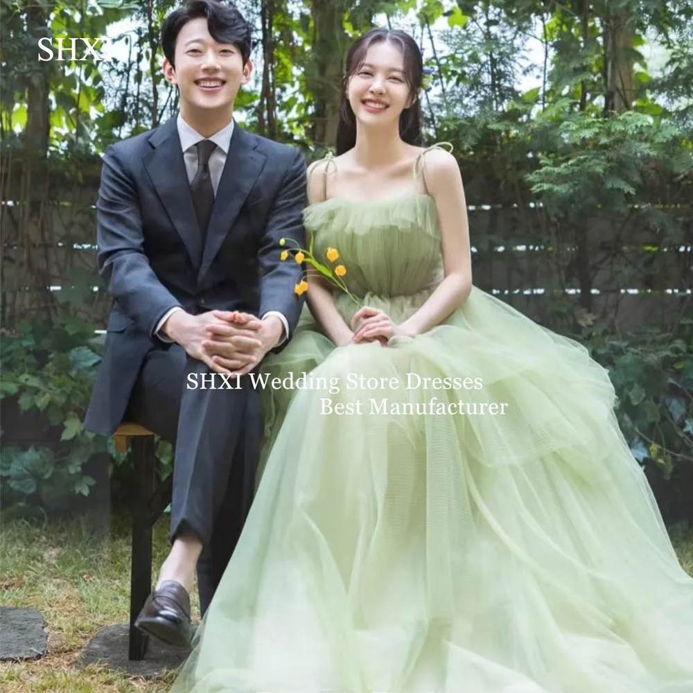 

SHXI 2025 Romantic Strapless Mint Green Evening Dress Floral Bodice Tulle Ball Gown Korean Wedding Photo Shoot Gown Customized