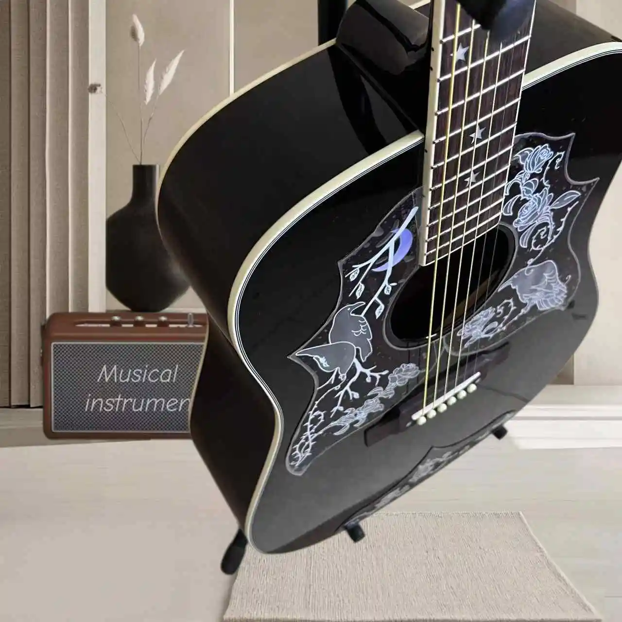 New Arrival Launch Black Acoustic Guitar Crow Guard Board Spruce Top 6-Chord Peach Blossom Core Back Side Panel in Stock