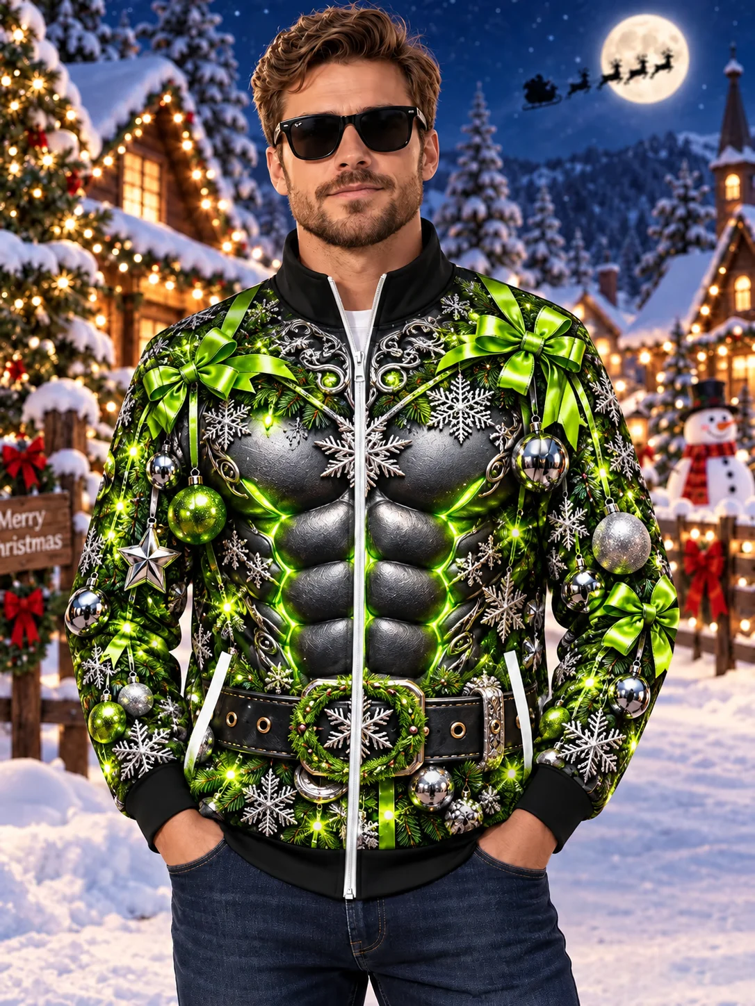 Funny Ugly Christmas 3D Graphic Jacket Men Fake Abs Muscle Xmas Ornament Print Zipper Sweatshirt Casual Streetwear Party Gift