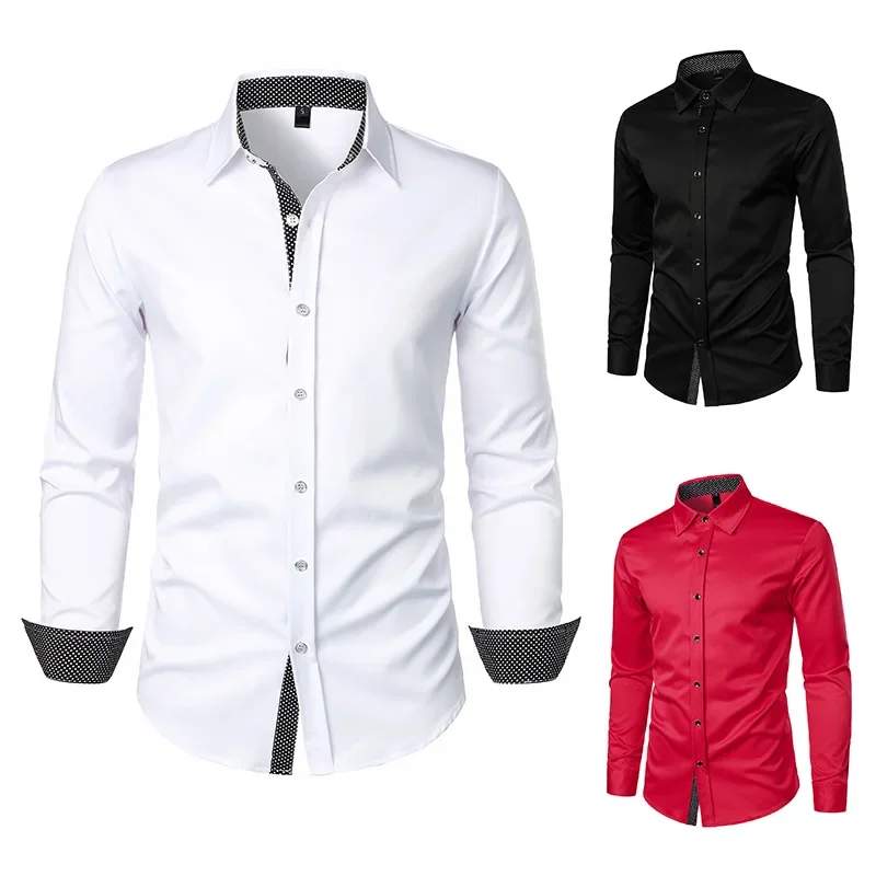 Autumn New Men's Polka Dot Solid Color Loose Collar Casual Long Sleeved Shirt