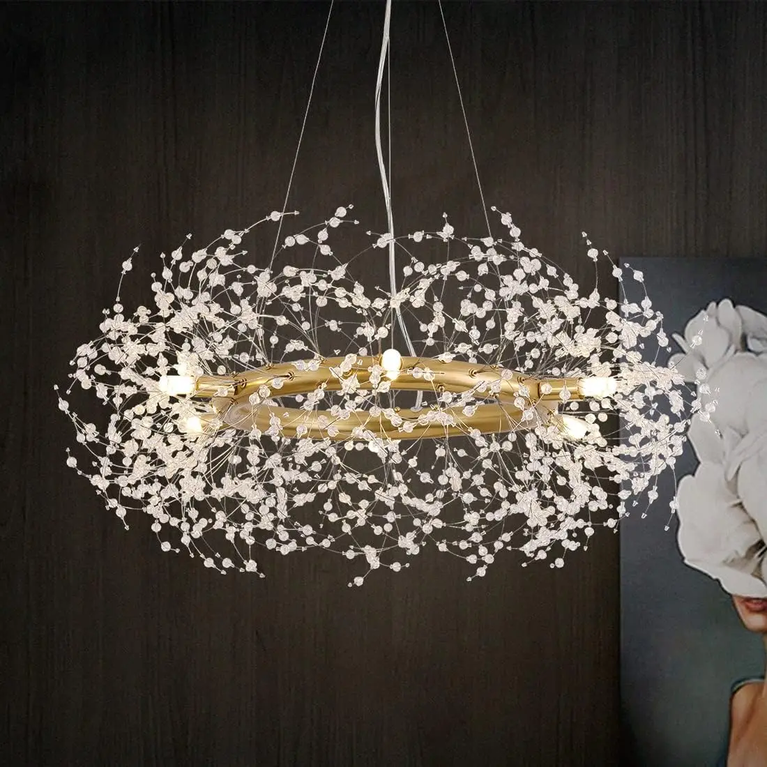 

Crystal Chandeliers Firework,Brass Gold Dining Room Light Fixture Over Table 6-Light Round Chandelier for Bedroom