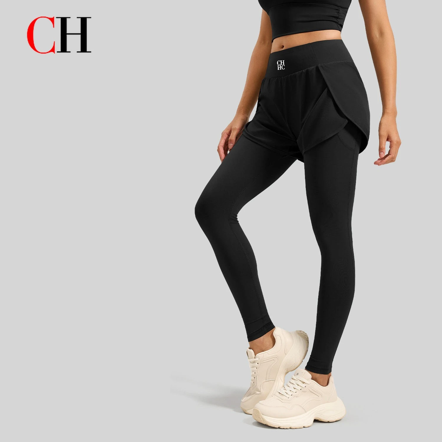 CH Fake Two-Piece Pocket Yoga Pants Women Stretch High Waist Butt Lifting Running Fitness Sports Leggings
