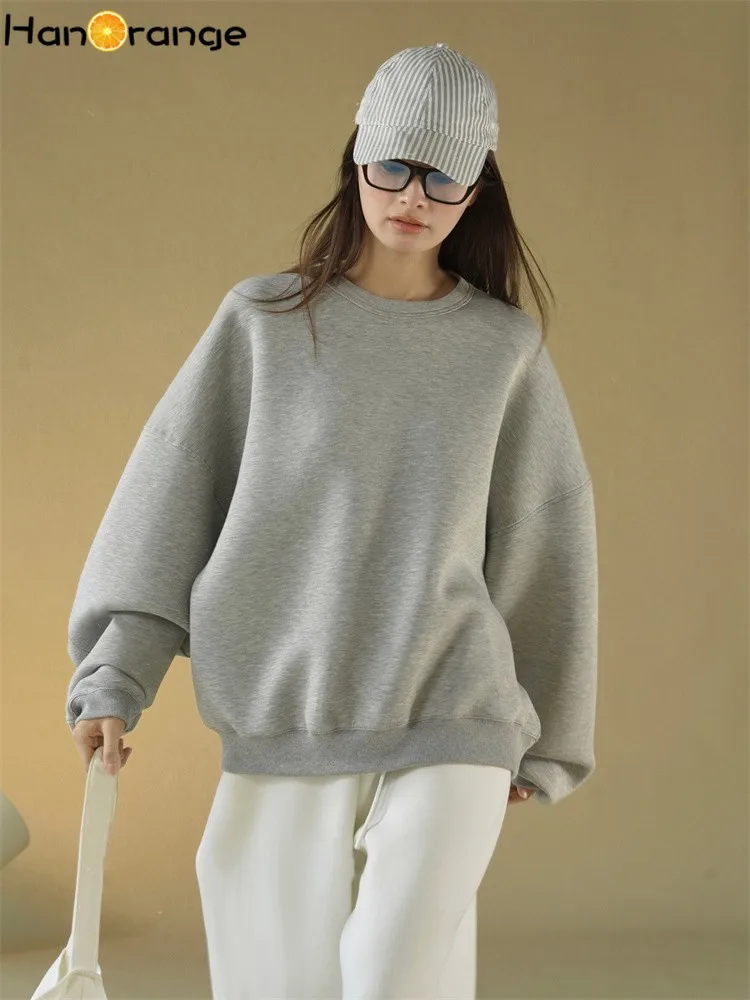 HanOrange 2024 Spring Minimalist O-neck Silhouette Air Layer Sweatshirt Women Soft Smooth Top Grey/Blue Purple