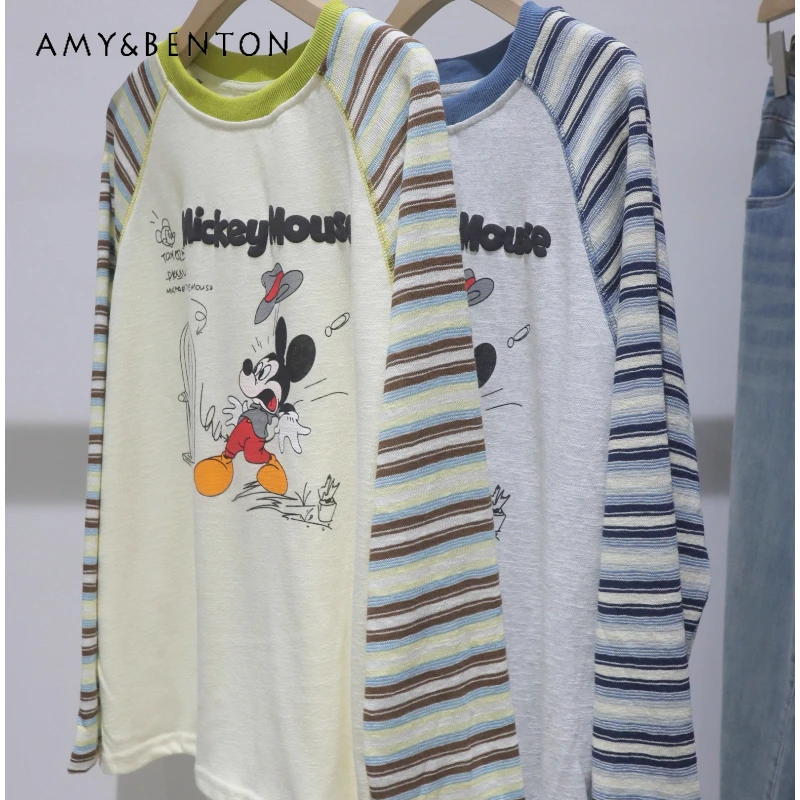 

Striped Raglan Sleeves Age-Reducing Cartoon T-shirt 2025 Autumn New Loose Slimming Versatile Cotton Long Sleeved Tees For Ladies