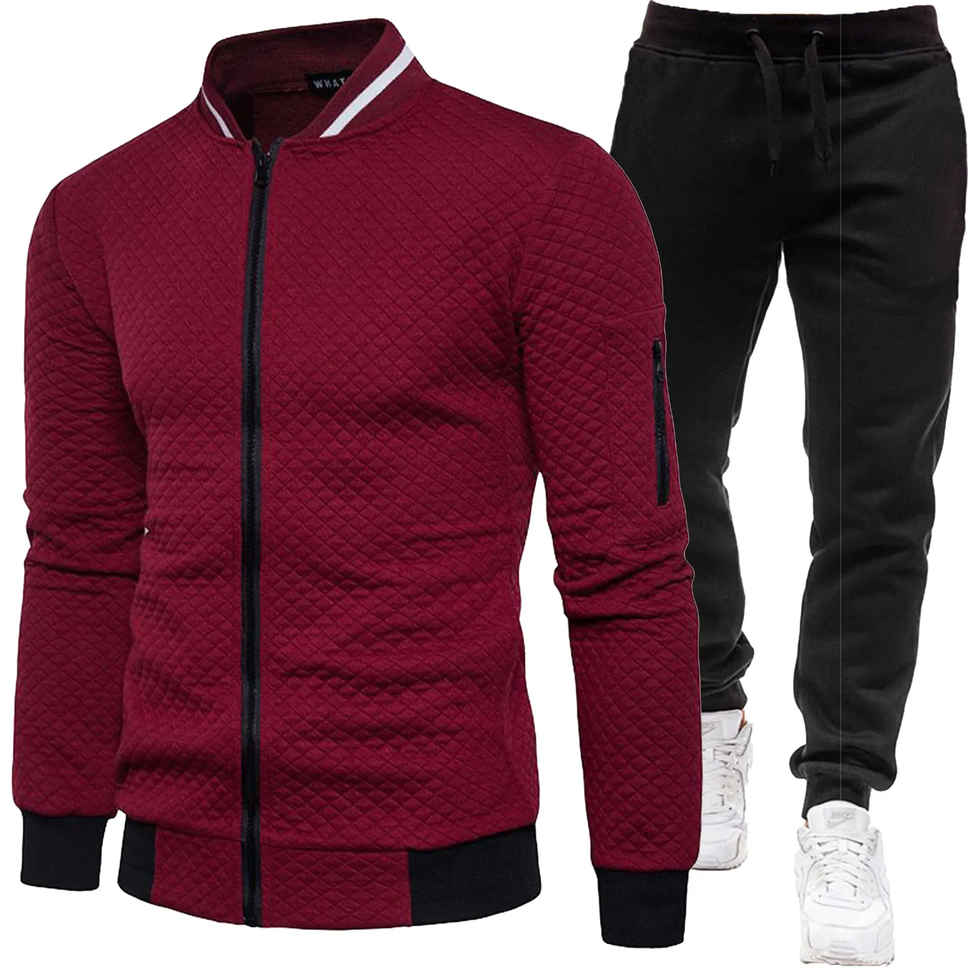 Herren Gesteppte Bomberjacke Trainingsanzug Herbst Winter Reißverschluss-Cardigan Sweatshirt Jogginghose Zweiteiliges Casual Sportbekleidungs-Set – Detail 4