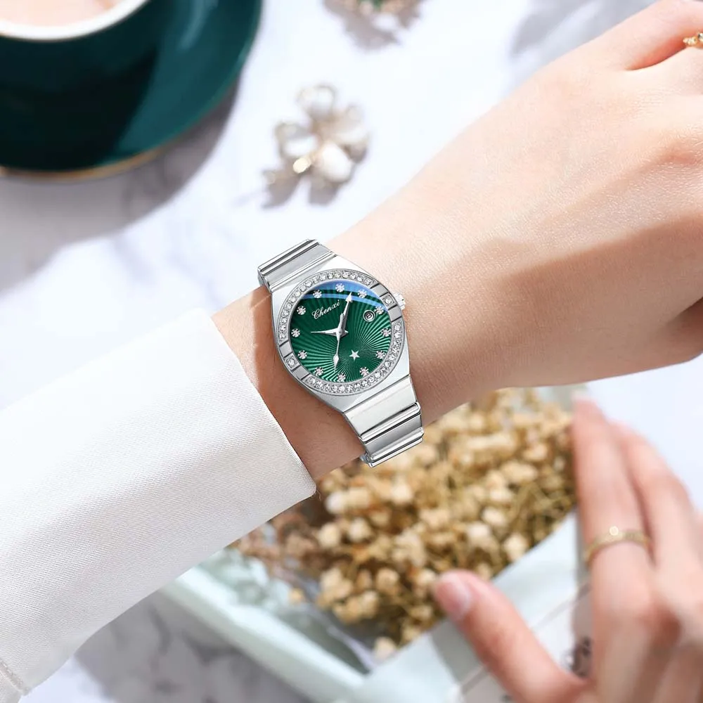 Nuovo orologio da donna Orologio da polso rotondo al quarzo tempestato di diamanti Data Orologio luminoso impermeabile in acciaio inossidabile Orologio da donna Relojes Para