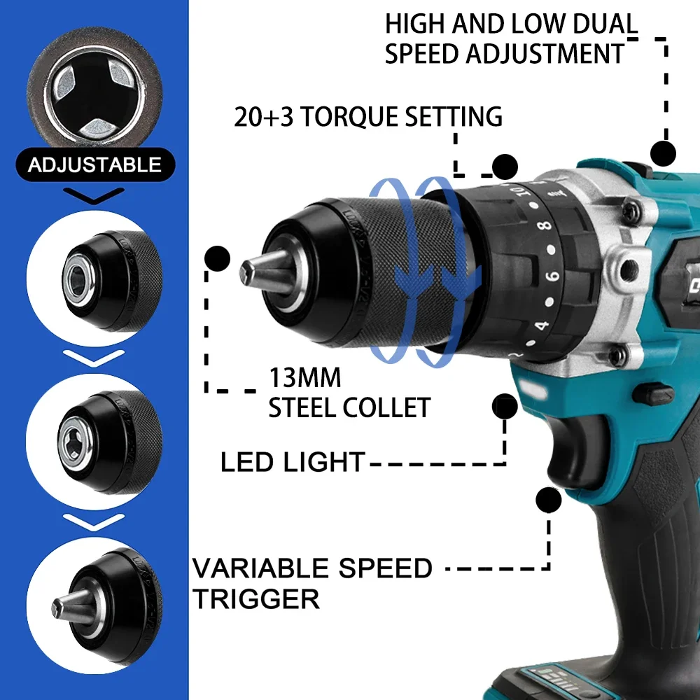 3 In 1 13mm Brushless Hammer Drill Impact Electric Screwdriver Steel / Wood / Bare Tool For Makita 18V Lithium Battery