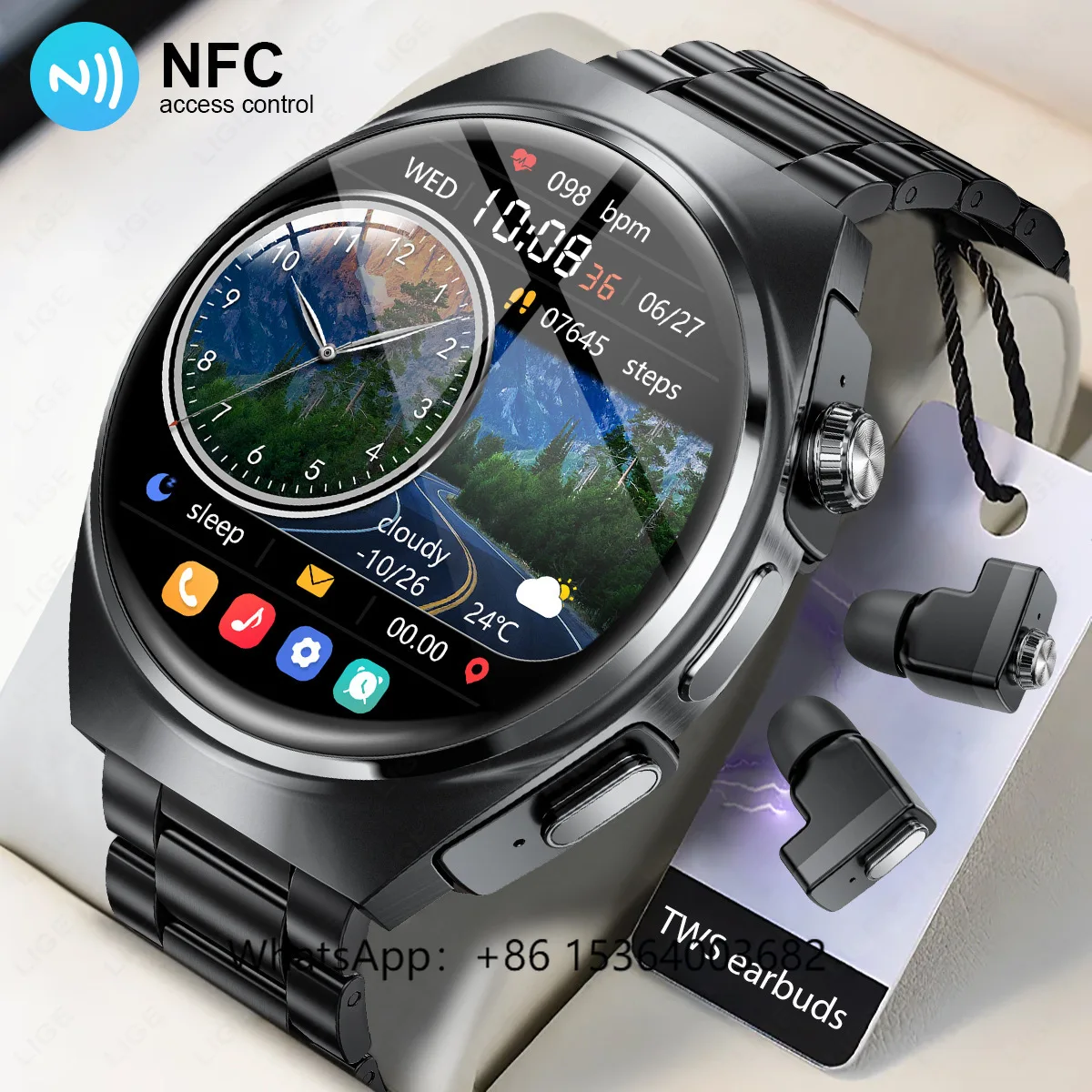 

TJXL-LIGE BWGT96 Men Smart Watch Latest Leather Steel Band NFC Intelligent Voice Assistant 400mAh Large Battery Casual Watch Co