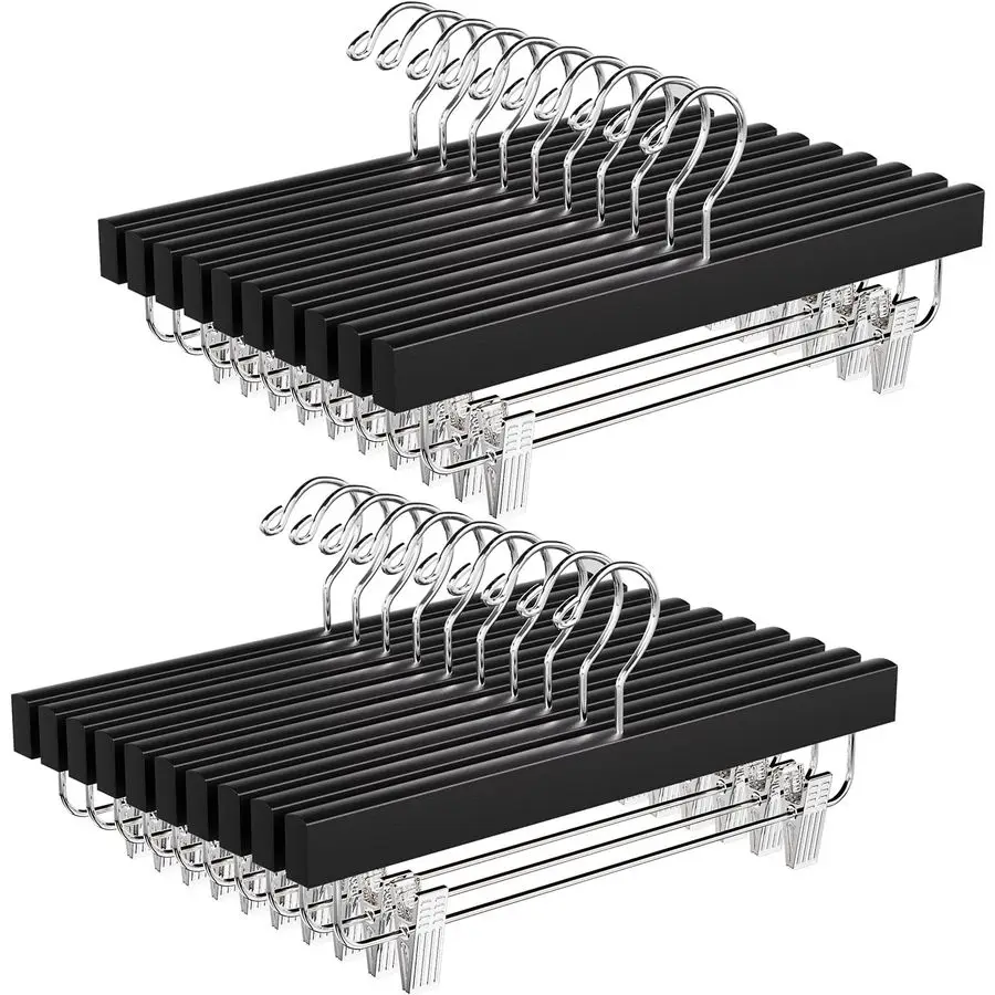 

20 Pack Wooden Pants Hangers with Adjustable Clips, 360Swivel Hook Space Saving Skirt Holders with AntiRust Clips for Trousers,