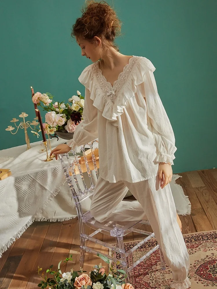 

Cotton Pajamas Sets For Lady Royal Vintage Sleepwear Spring Autumn Long Sleeve Lovely Night Suits Comfortable Nightwear