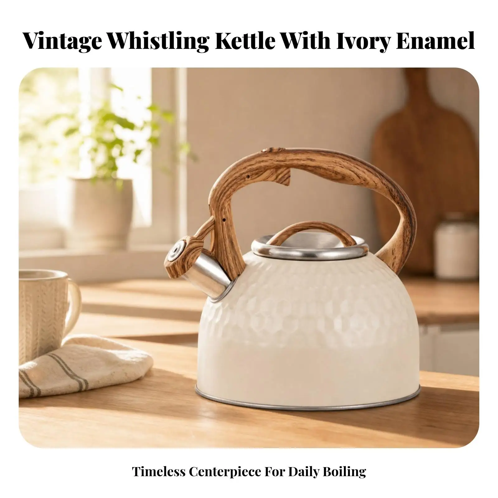 Stainless Steel Singing Kettle Kettle Hammered Textured Body, Wood-Grain Look Handle, Stovetop Tea Kettle, for Kitchen
