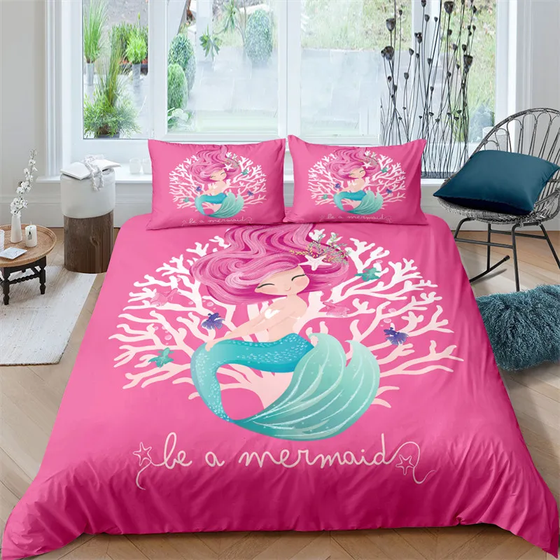 Modern Cartoon Mermaid Toddler Bedding Set For Kids Girls King Size Microfiber Print Duvet Cover With Pillowcases Bedroom Decor