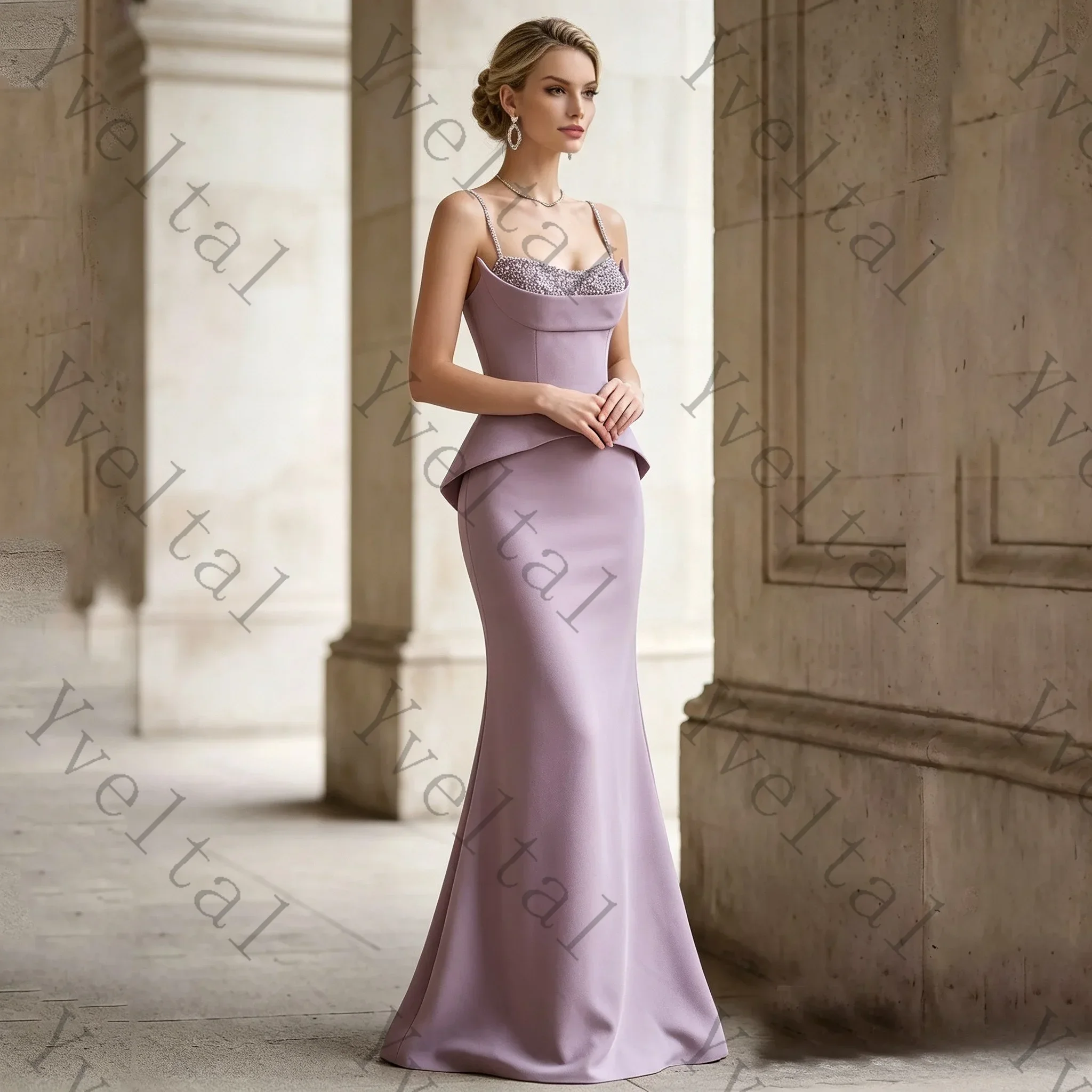 Customized Women Lavender Beaded Mermaid Evening Gown Spaghetti Strap Peplum Slit Backless Formal Dress for Prom Party guest