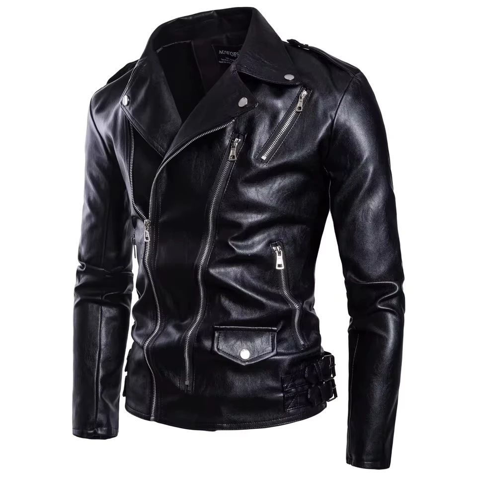 Autumn New Fashion Mens Motorcycle Leather with Multiple Zippers Motorcycle Men Leather