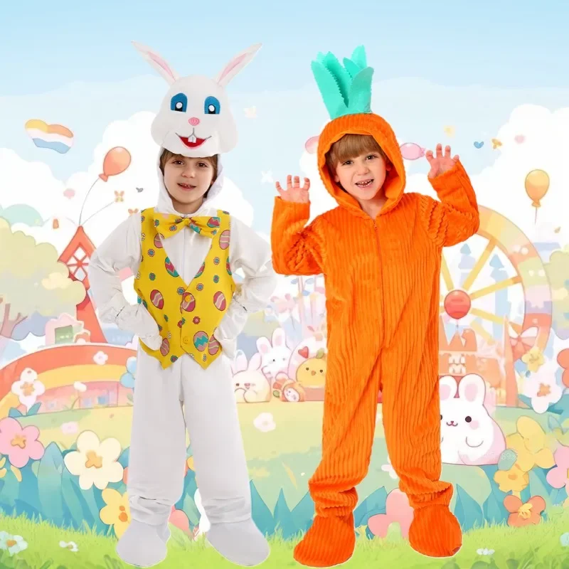 Easter Kids Bunny Carrot Jumpsuit Costume Sleepwear Cute Plush Animals Children Bodysuit School Stage Performance Halloween