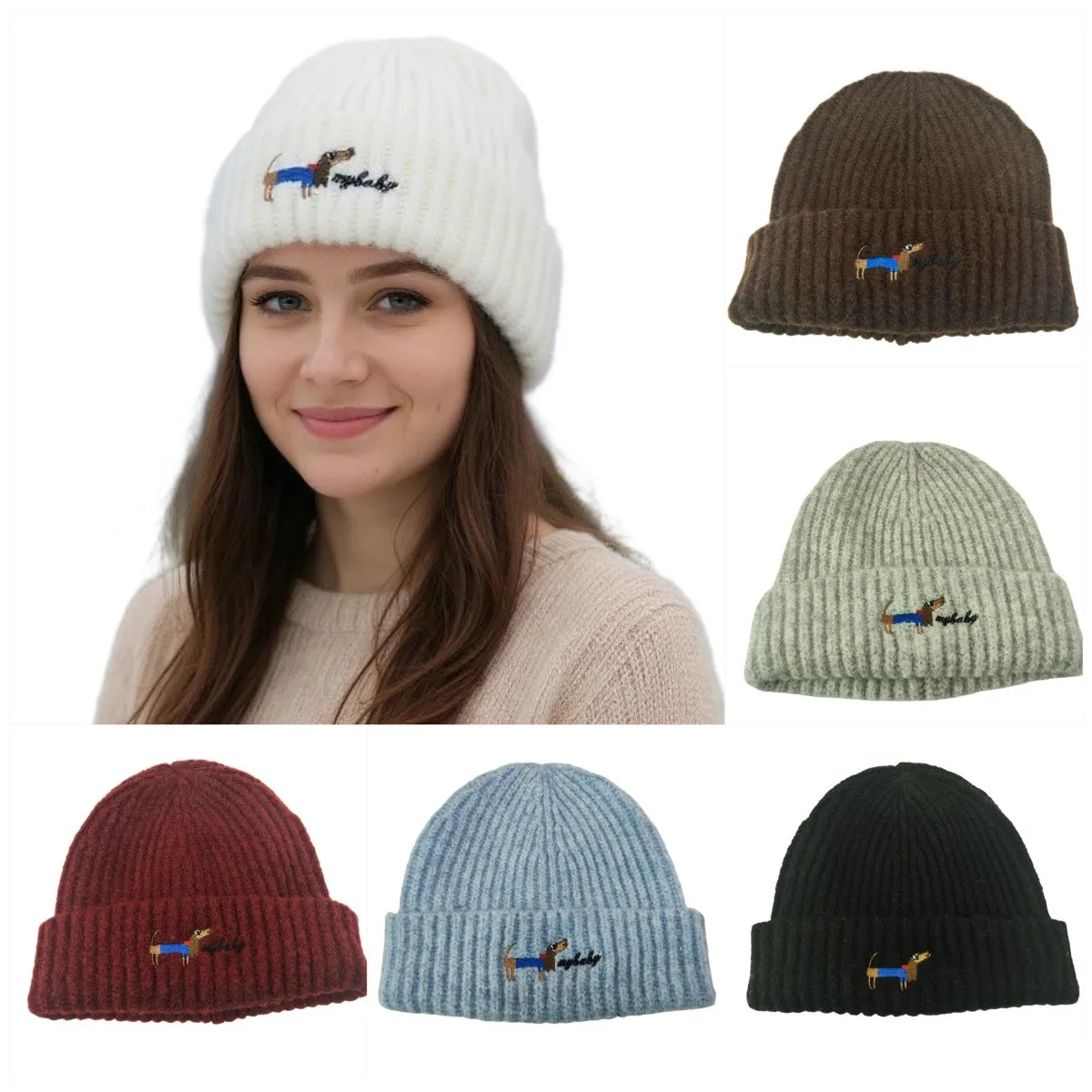 

2025 New Letter Embroidery Dog Solid Color Winter Wool-liked Fabric Knitted Hat Female Fluffy Beanies Skullies Warm Ski Hats