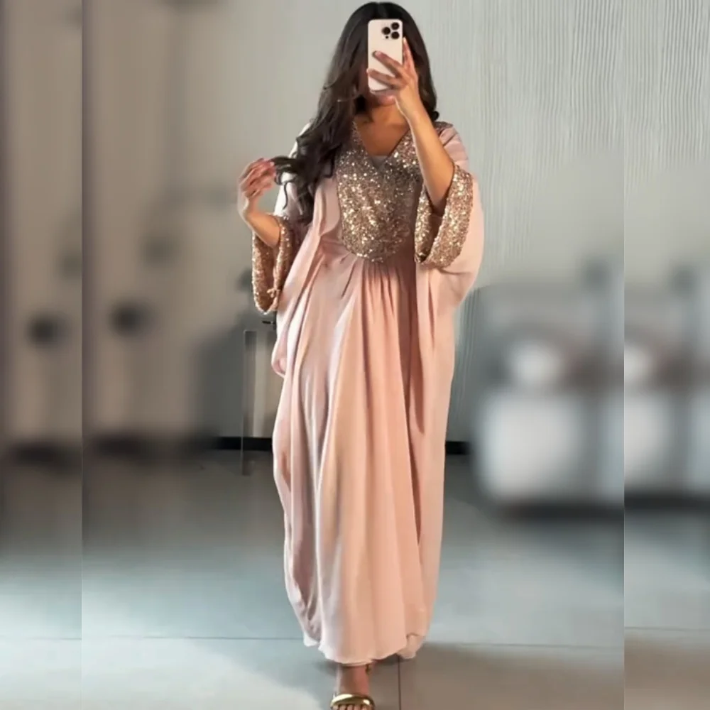 

Customized Luxury Sparkle Evening Dress Sequined V-neck A-line Prom Long Dresses High Quality Party Gown Sizes Available