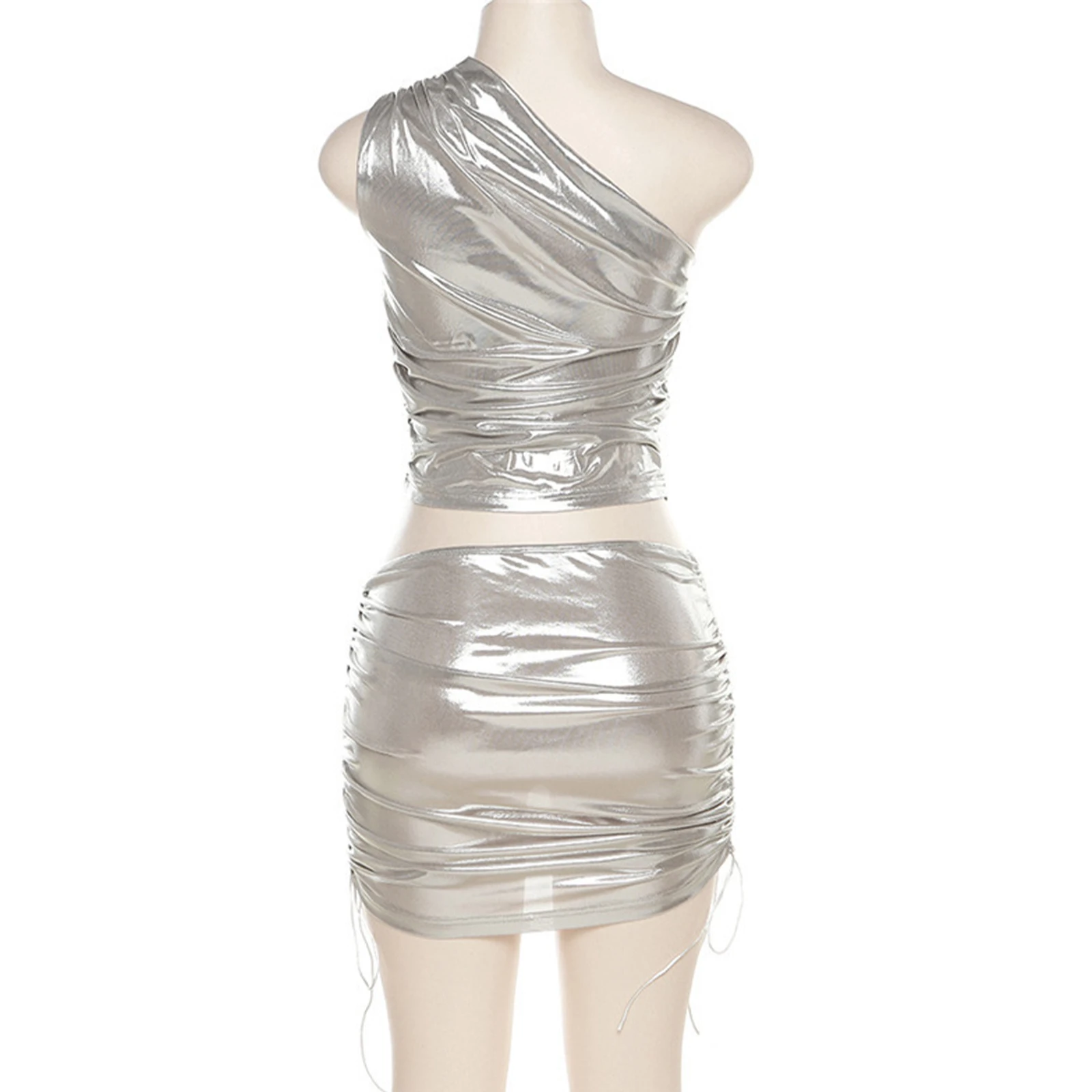 Conjunto metálico para mujer, lencería ajustada, ropa para discoteca, Top corto sexy sin mangas con un hombro y minifalda fruncida para fiesta de música Raves