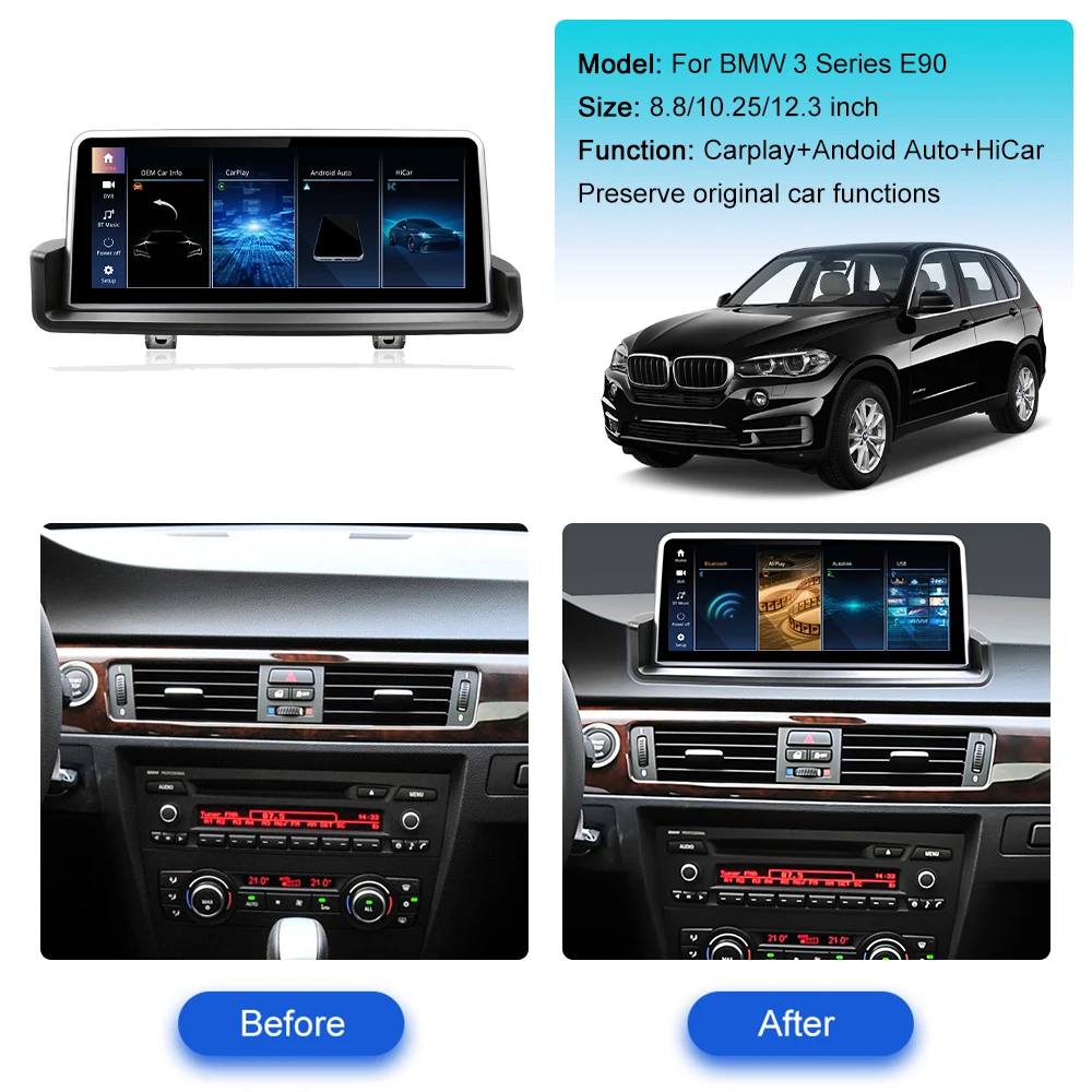 12.3 Inch For BMW 3 Series E90 Car Video Player Multimedia Player GPS Navigation CarPlay QLED Touch Anti Glare Screen Head Unit