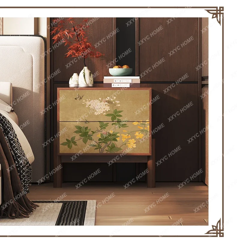 

GGNew Chinese retro flower solid wood bedside table bedroom small bedside