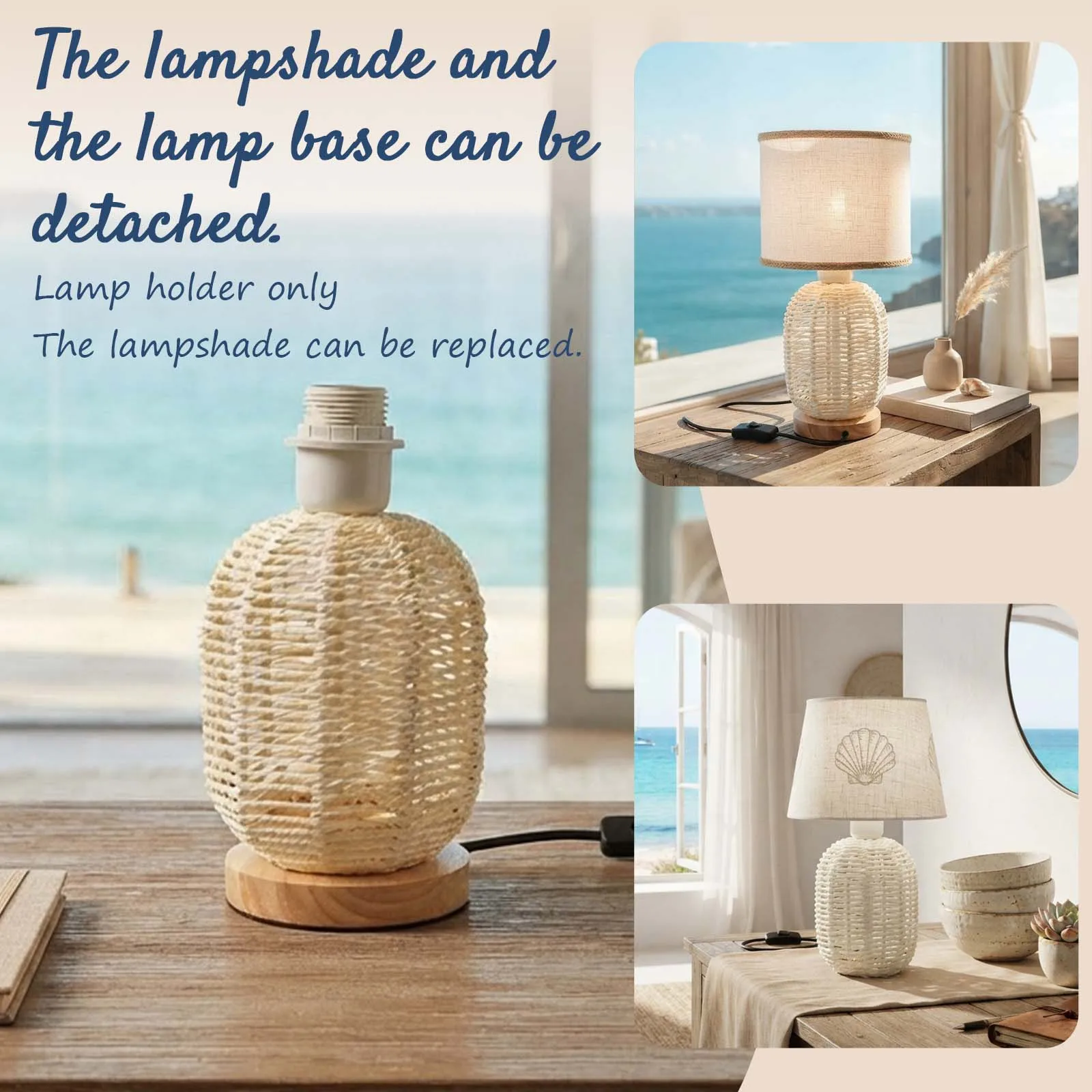 Beach Woven Table Lamp, Egg Oval Base Shade for Bedroom Home Office Vacation Home