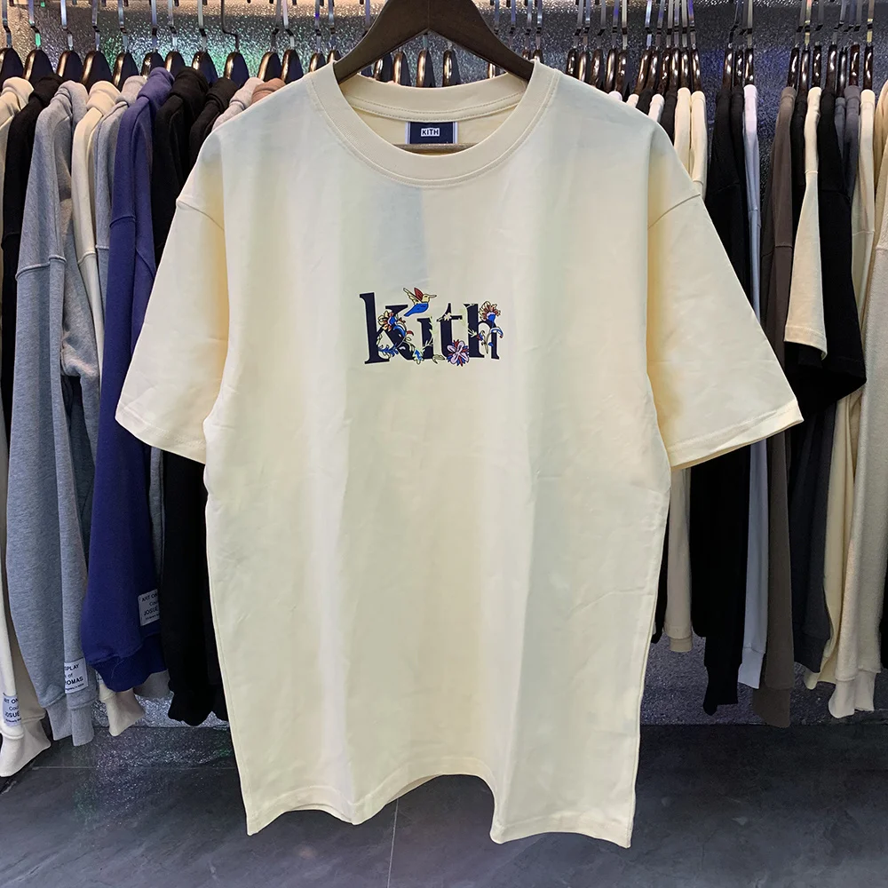 KITH American Streetwear Cotton T-Shirt Floral Letter Print Unisex Short Sleeve Vintage High Street Fashion Youth  Culture