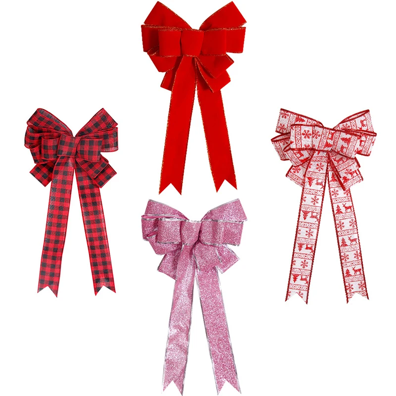 42cm * 21cm Large Christmas Tree Decoration Ribbon Knot Red Pink Linen Bow Knot Christmas New Year Party Decoration Pendant