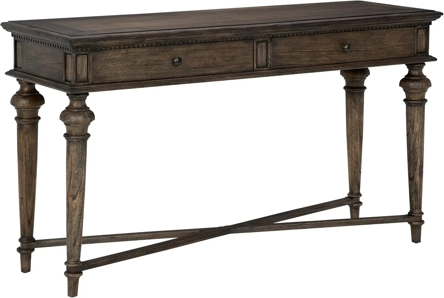 Furniture Sofa Table – Wellington Java Finish, Mindi Veneers & Select Mindi Solids, Rustic Antique Brass Hardware, EntrywayTable