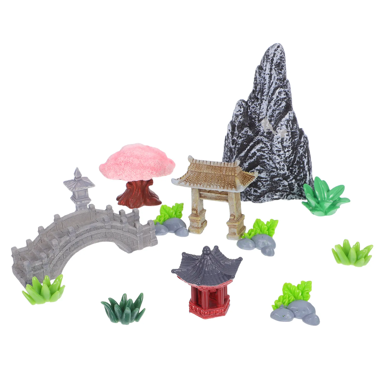 1Set Resin Miniature Chinese Landscape Rockery Decoration with Mountains Bridges Pavilions for Micro Landscape Terrarium Fish