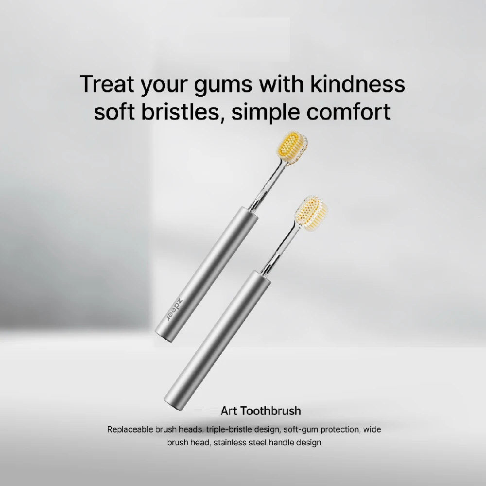 ZDEER Metal Handle Manual Toothbrush with 6 Replaceable Soft Bristle Heads, [Sensitive Gum Friendly] Reusable Premium Oral Care