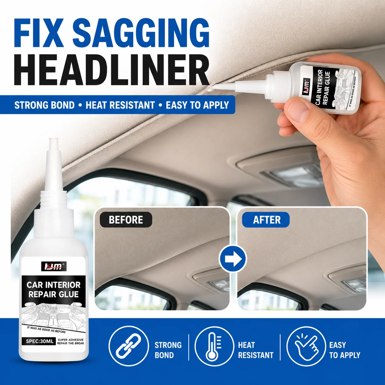KJM Roof Lining Glue Car Headliner Repair Adhesive Fast Dry Waterproof Heat Resistant For Peeling Fabric Weatherstrip
