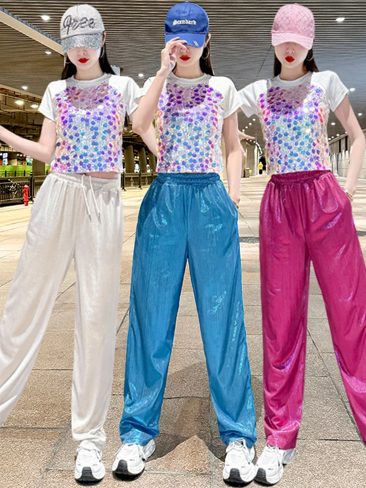 

Adult Modern Jazz Dance Performance Outfit Loose Sequin Top Group Show Business Casual Wear Polyester Material Stage Costume Set