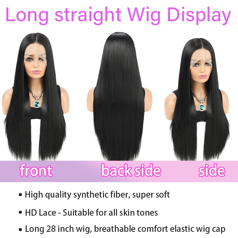 13 x 4 transparente Lace-Front-Perücke, lang, gerade, hitzebeständig, synthetische Perücke, 71,1 cm, vorgezupft, natürlicher Haaransatz
