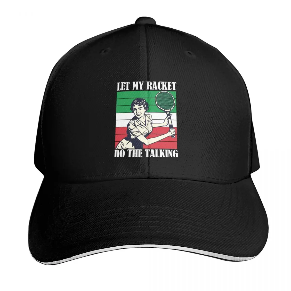 Italian Tennis Player Girl And Woman Vintage Retro Italia Let The Racket Do The Talking Funny Tennis Quote And Sayi Baseball Cap