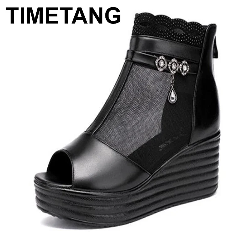 TIMETANGSize 33-43 Open Head Platform Wedges Shoes Summer Breathable Mesh Medium Heel Boots Women OL Office Footwear