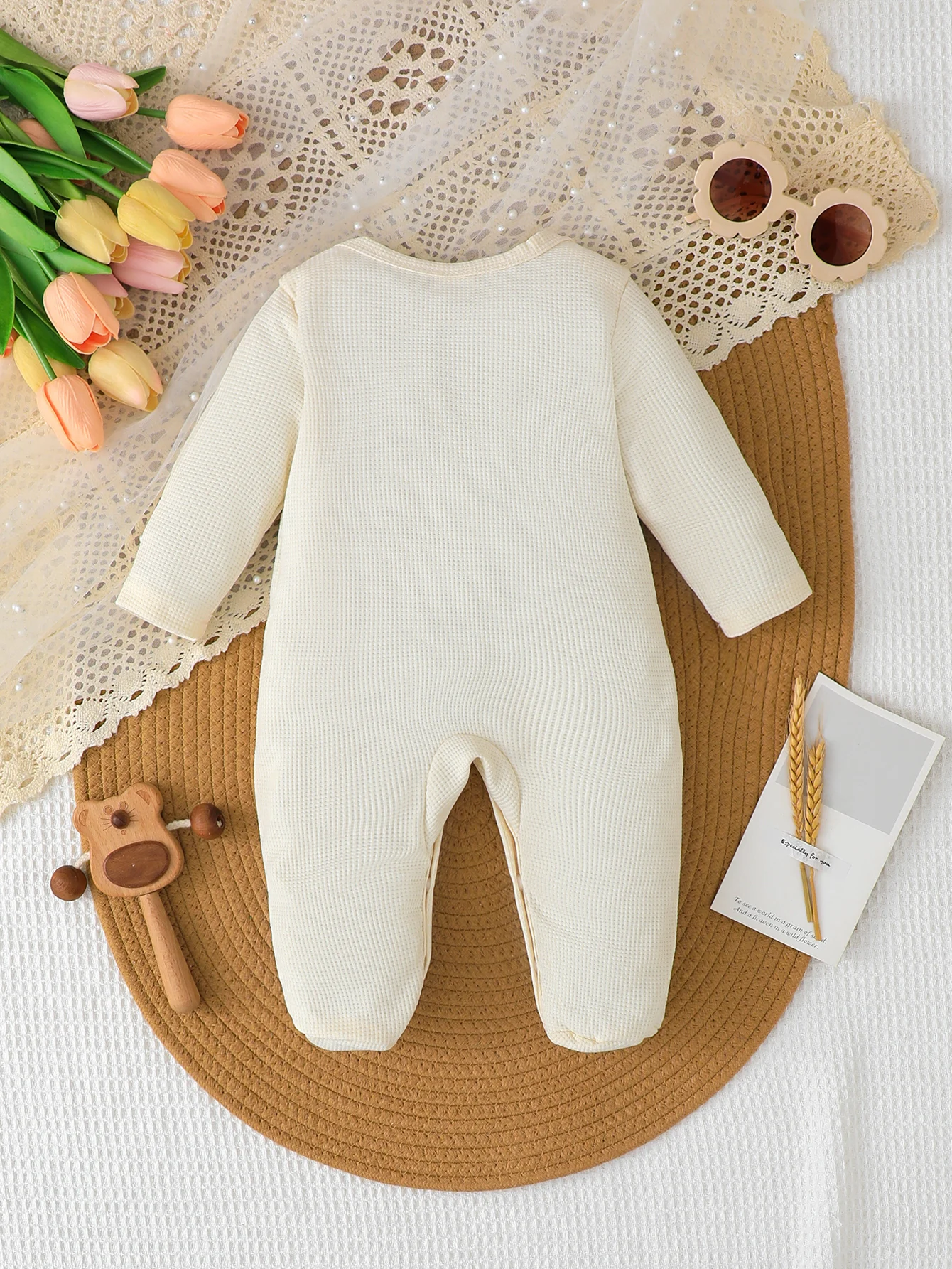 Baby Girl's Fashion Print round Neck Long Sleeve Footed Romper Spring Autumn Casual Wear Waffle Patterned All-in-One Suit