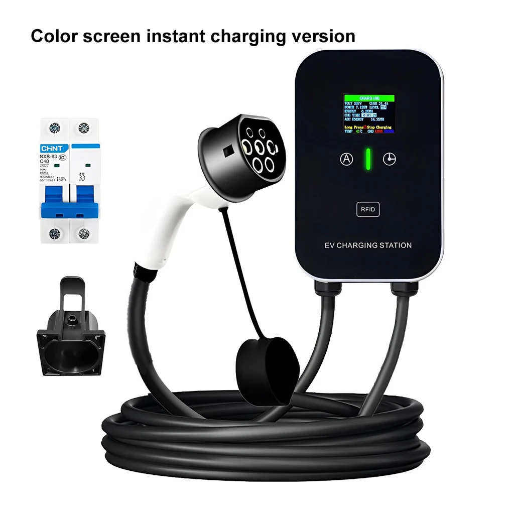 New EV Wallbox 5M 7KW 32A for Electric Car Charging Type1/Type2 EV Charger Cable Color Screen Card Swiping/Charging Version