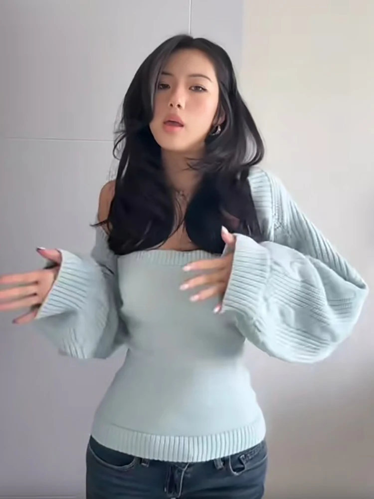 Y2k Green Knitted Two Piece Set Blouse Women Elegant Strapless Tube Top Puff Sleeve Shrug Slim Cardigan Fall Lady Street Outfits