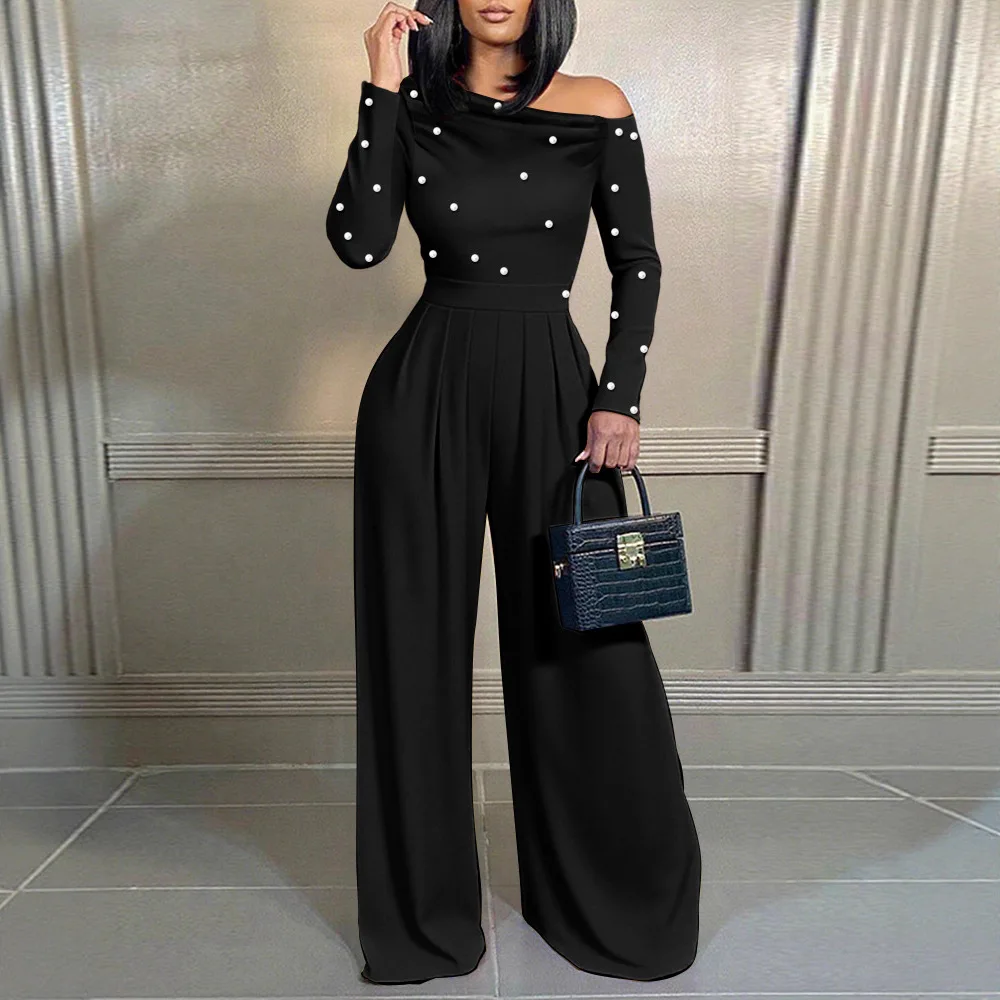 Women's Clothing Simple Style Business Slim Nail Beads Solid Color 2026 Off Shoulder Jumpsuits For Woman Slant Collar Jumpsuit