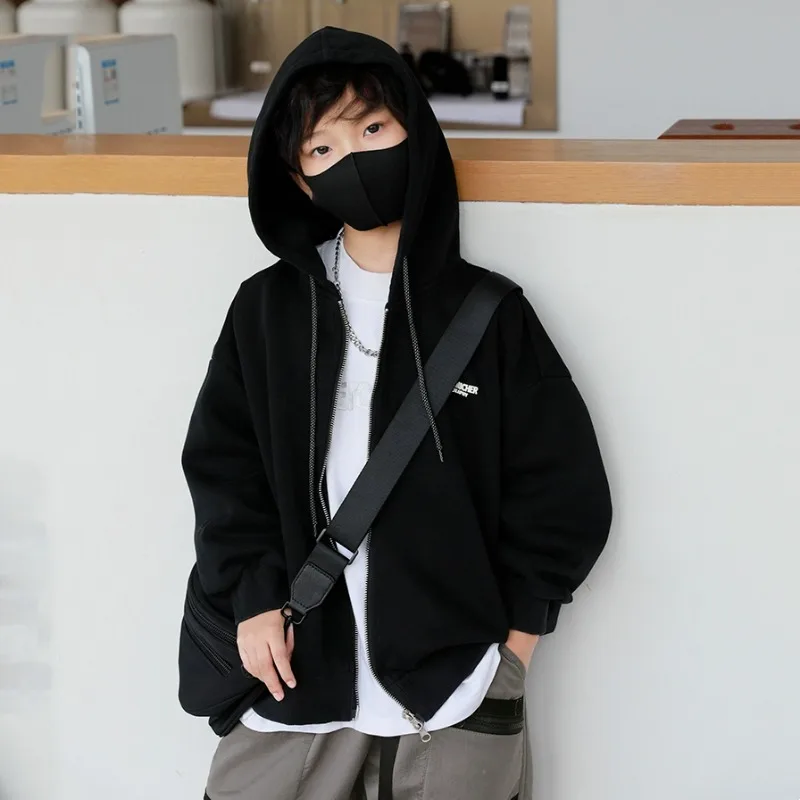 

2025 New Boys' Mid-Large Spring Autumn Stylish Hooded Cardigan - Cool Kids' Fleece Jacket for Autumn Wear