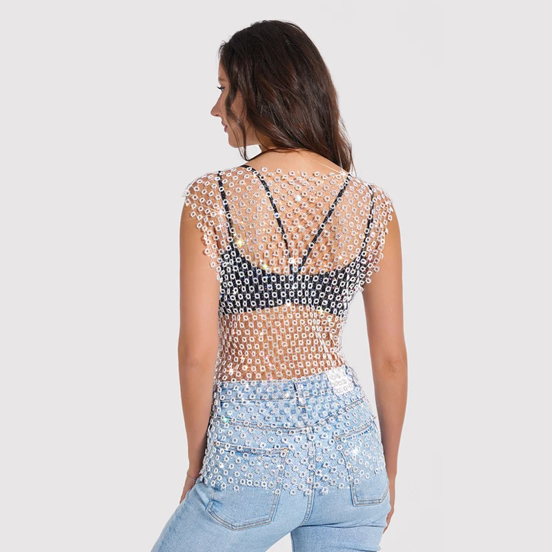 Damen-Top mit glitzerndem Strass-Mesh-Muster, durchsichtiges Pailletten-Oberteil, Nachtclub-Party-Festival-Outfits für heiße Mädchen, футболка женская Y2K – Detail 6