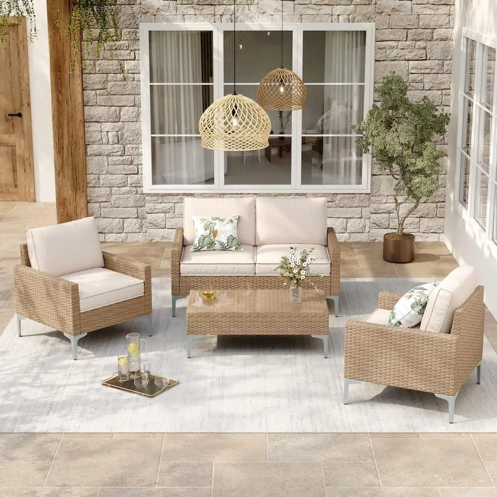 

4Piece Patio Furniture Set,Outdoor Wicker Patio Conversation Set with Tempered Glass Table,AllWeather Rattan Sectional Loveseat