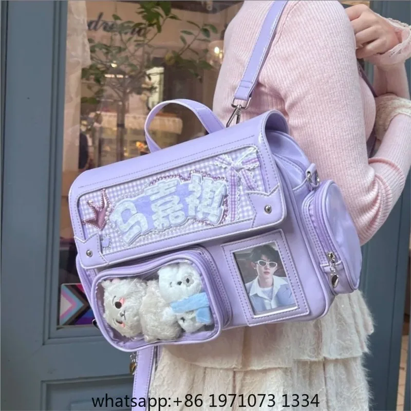Japanese Solid Color Backpack Women Square Leather Y2K Mochilas Mujer Harajuku Large Capacity Ita Bag Anime Handle Crossbody