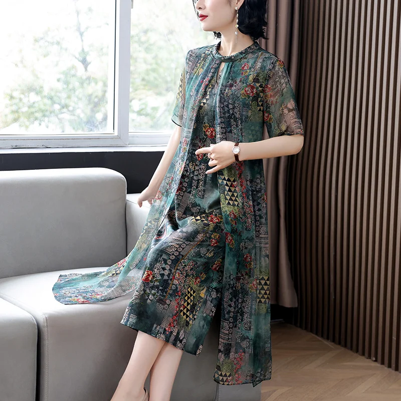 2023 New Fashion Silk Printed Mulberry Silk Dress Summer Retro Large Loose Fit Casual Holiday Knee Length Dress Vestidos